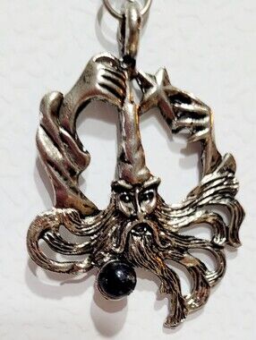 Vintage Pewter Wizard Crystal Ball Necklace Pendant